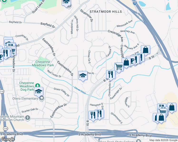 map of restaurants, bars, coffee shops, grocery stores, and more near 5 Clover Circle West in Colorado Springs