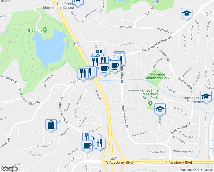 map of restaurants, bars, coffee shops, grocery stores, and more near 836 London Green Way in Colorado Springs
