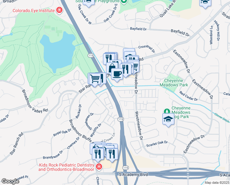map of restaurants, bars, coffee shops, grocery stores, and more near 868 London Green Way in Colorado Springs