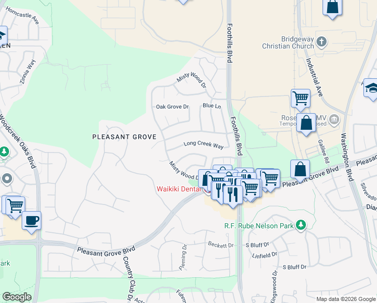 map of restaurants, bars, coffee shops, grocery stores, and more near 1443 Long Creek Way in Roseville