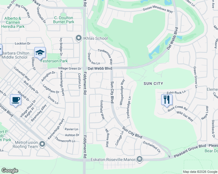 map of restaurants, bars, coffee shops, grocery stores, and more near 113 Golden Spike Court in Roseville