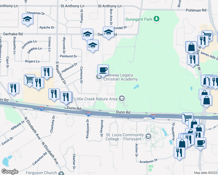 map of restaurants, bars, coffee shops, grocery stores, and more near 1600 Willow Wren Court in Florissant