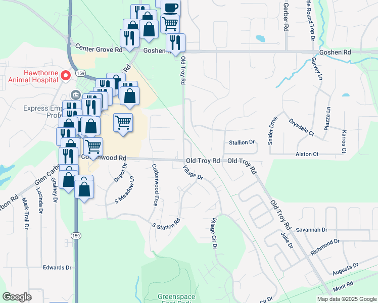 map of restaurants, bars, coffee shops, grocery stores, and more near 8 Goshen View Drive in Edwardsville