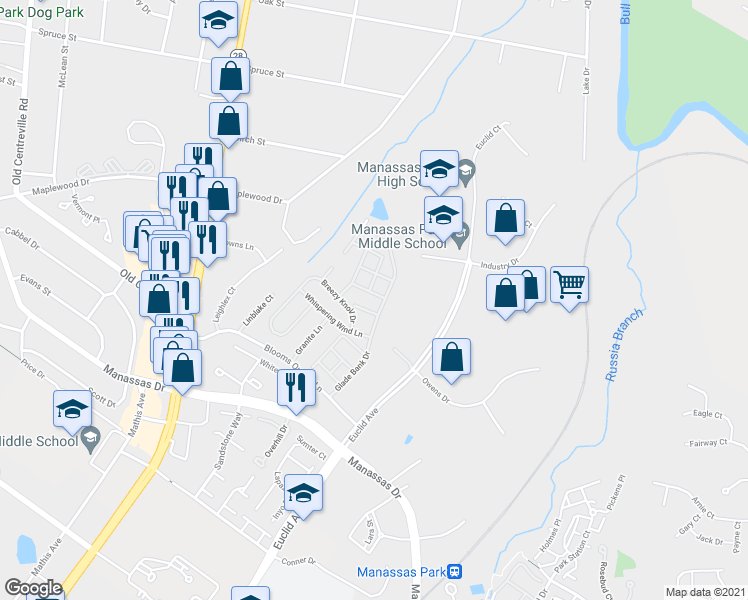 map of restaurants, bars, coffee shops, grocery stores, and more near 8109 Hard Shale Road in Manassas