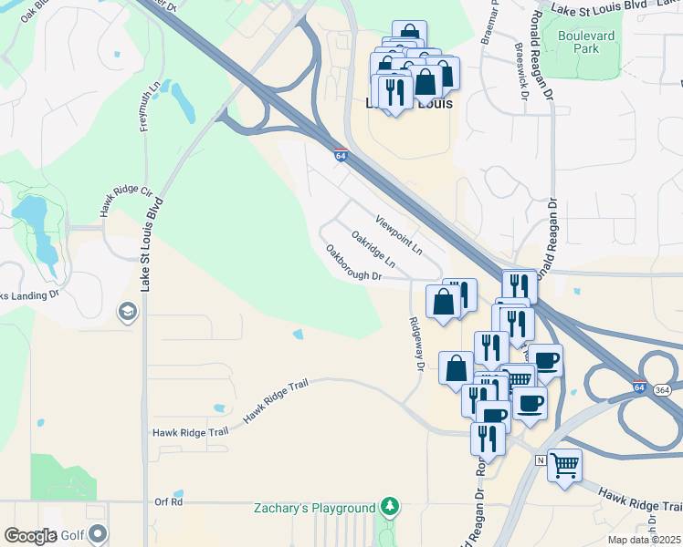map of restaurants, bars, coffee shops, grocery stores, and more near 245 Oakborough Drive in O'Fallon