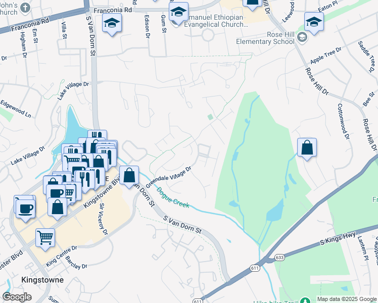 map of restaurants, bars, coffee shops, grocery stores, and more near 6604 Green Glen Court in Alexandria
