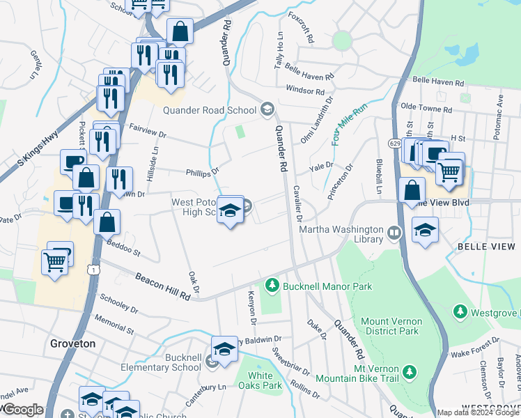 map of restaurants, bars, coffee shops, grocery stores, and more near 6626 Quander Road in Alexandria