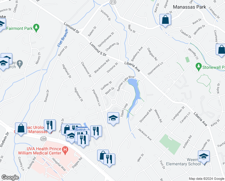 map of restaurants, bars, coffee shops, grocery stores, and more near 9394 Nash Drive in Manassas