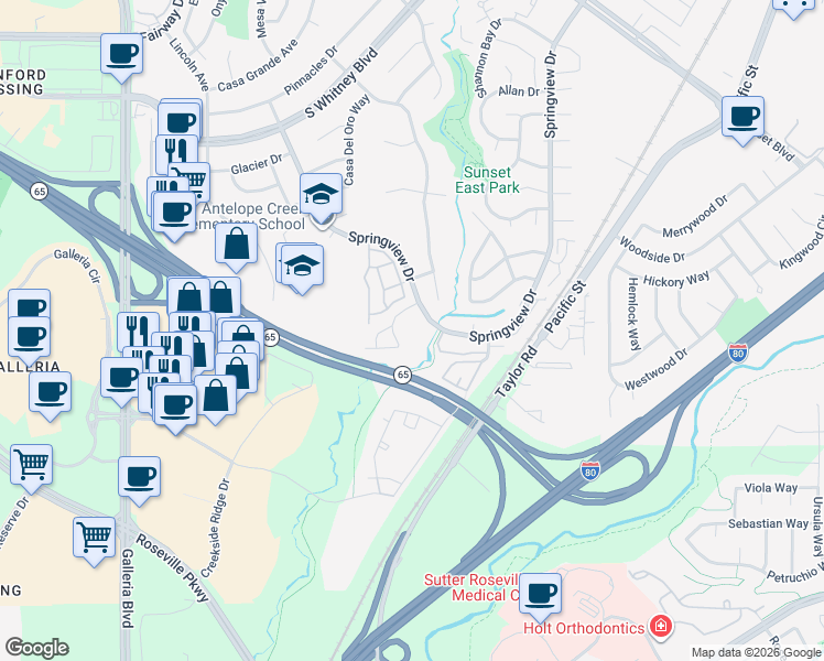map of restaurants, bars, coffee shops, grocery stores, and more near 6050 Placer West Drive in Rocklin