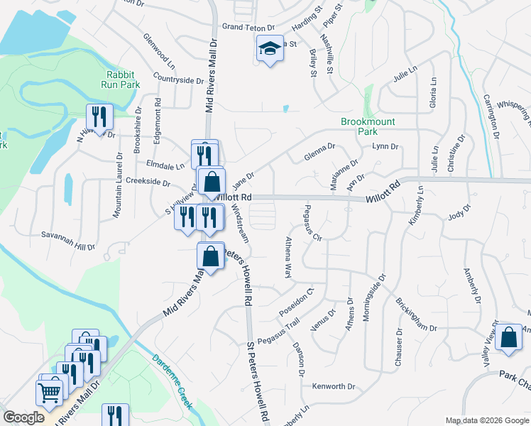 map of restaurants, bars, coffee shops, grocery stores, and more near 211 Candice Way in St. Peters