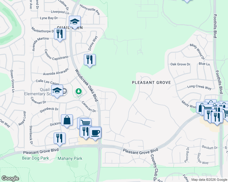 map of restaurants, bars, coffee shops, grocery stores, and more near 1843 Sunningdale Drive in Roseville
