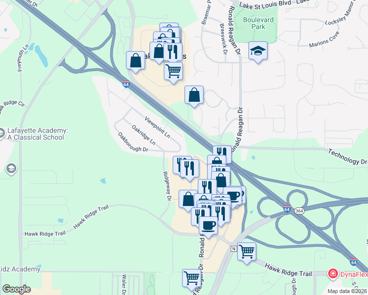 map of restaurants, bars, coffee shops, grocery stores, and more near 322 Viewpoint Lane in O'Fallon