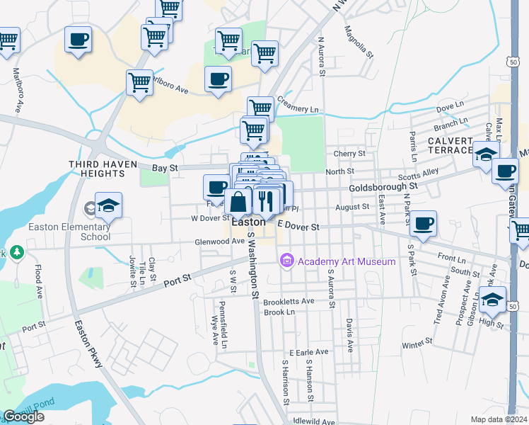 map of restaurants, bars, coffee shops, grocery stores, and more near 23 East Dover Street in Easton