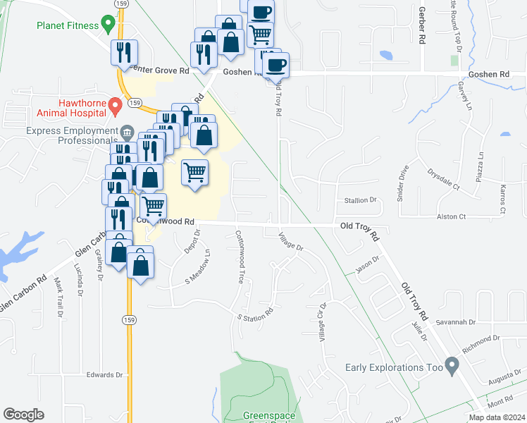 map of restaurants, bars, coffee shops, grocery stores, and more near 425 Orchard View Court in Glen Carbon
