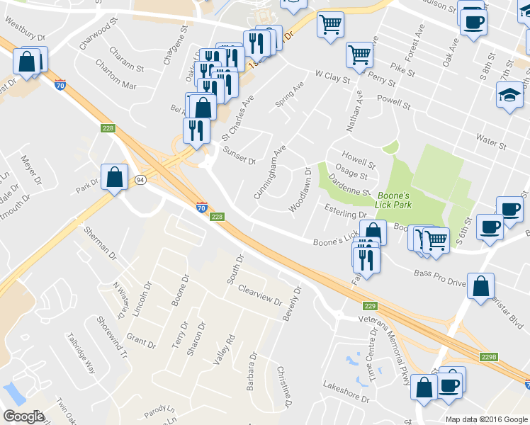 map of restaurants, bars, coffee shops, grocery stores, and more near 19 Woodlawn Drive in Saint Charles