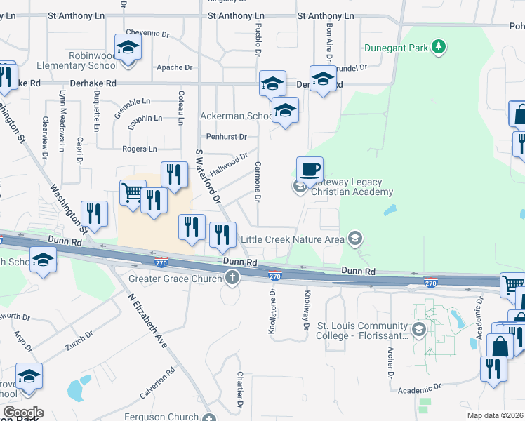 map of restaurants, bars, coffee shops, grocery stores, and more near 1335 Carmona Drive in Florissant