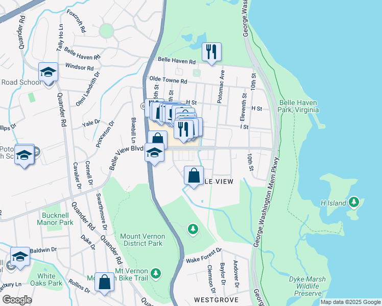 map of restaurants, bars, coffee shops, grocery stores, and more near 1511 Belle View Boulevard in Alexandria
