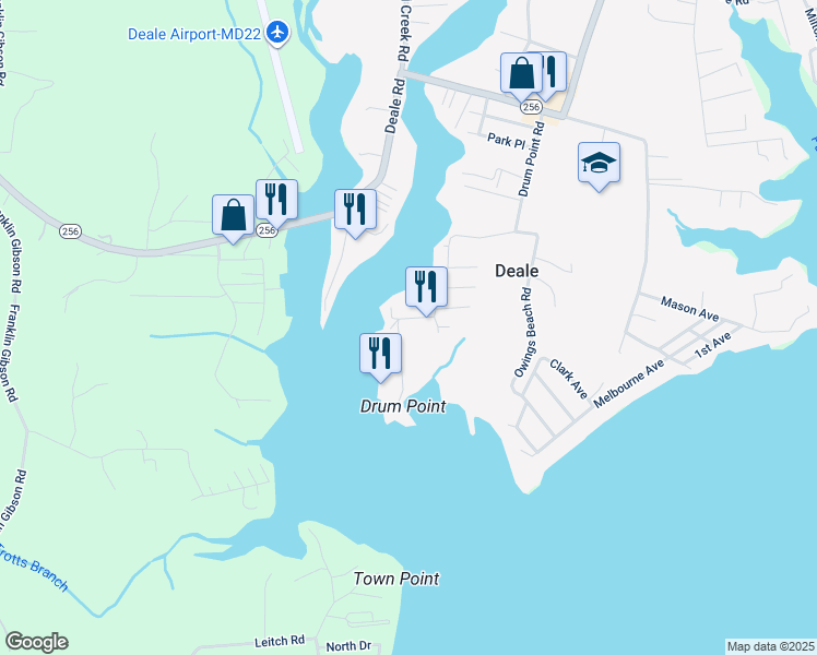 map of restaurants, bars, coffee shops, grocery stores, and more near 6111 Drum Point Road in Deale