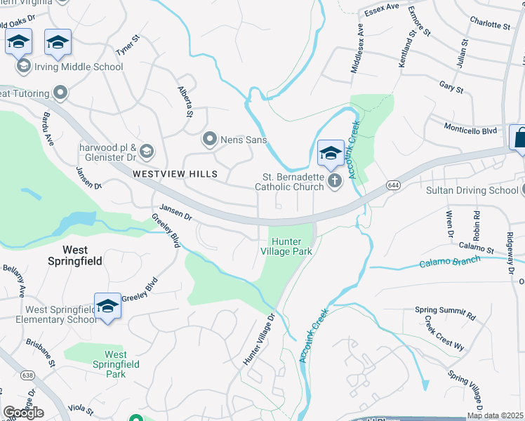 map of restaurants, bars, coffee shops, grocery stores, and more near 6515 Harwood Place in West Springfield
