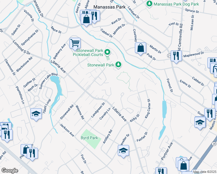 map of restaurants, bars, coffee shops, grocery stores, and more near 9075 Silver Maple Court in Manassas