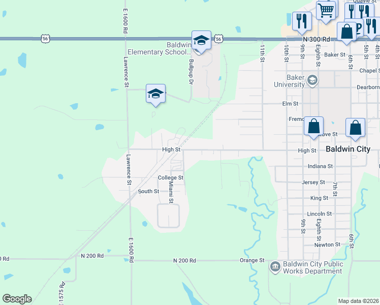 map of restaurants, bars, coffee shops, grocery stores, and more near 1404 High Street in Baldwin City