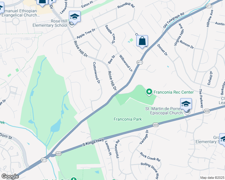 map of restaurants, bars, coffee shops, grocery stores, and more near 6514 Rose Hill Drive in Alexandria