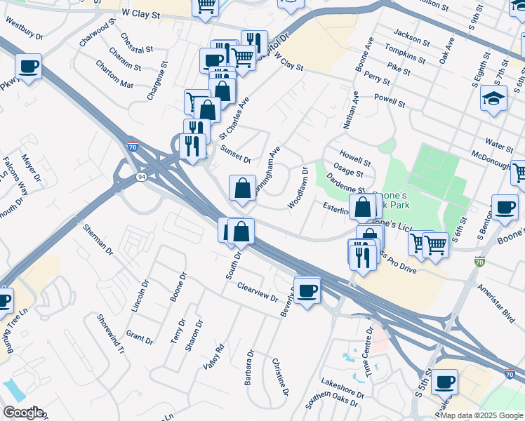 map of restaurants, bars, coffee shops, grocery stores, and more near 19 Woodlawn Drive in Saint Charles