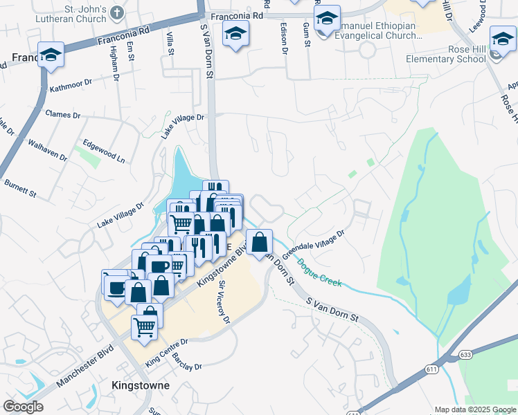 map of restaurants, bars, coffee shops, grocery stores, and more near 5687 Tower Hill Circle in Alexandria