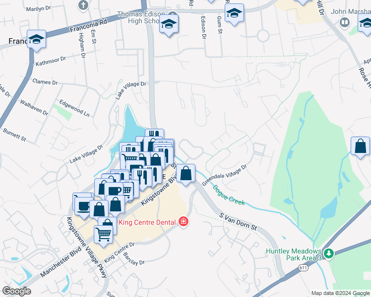 map of restaurants, bars, coffee shops, grocery stores, and more near 5687 Tower Hill Circle in Alexandria