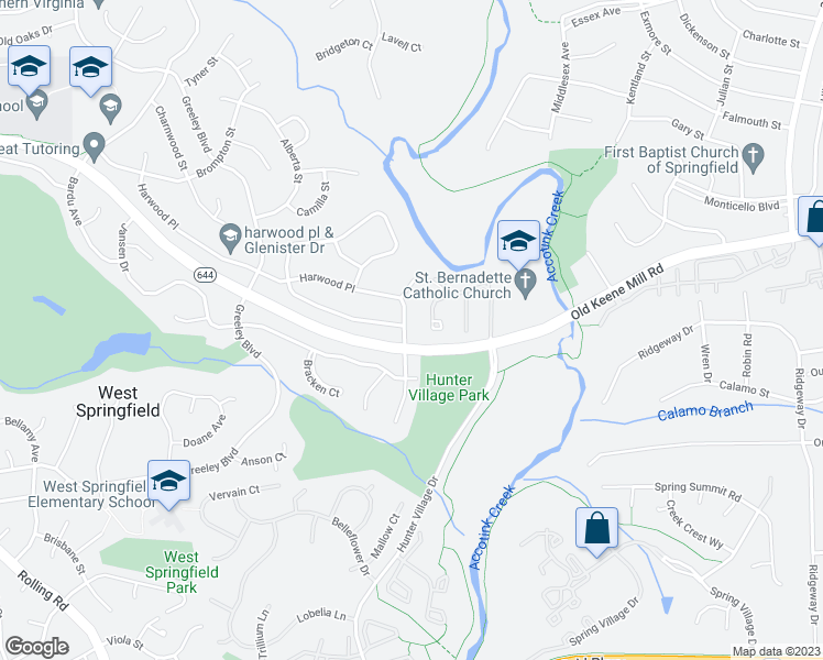 map of restaurants, bars, coffee shops, grocery stores, and more near 6515 Harwood Place in West Springfield