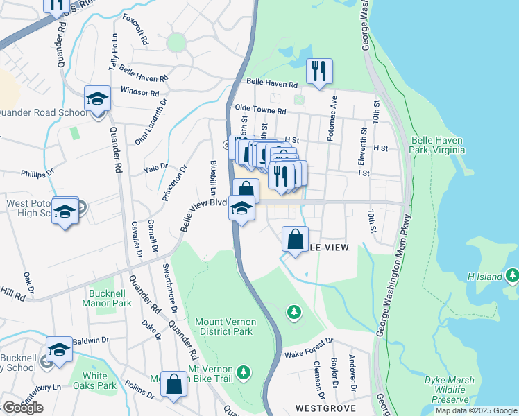 map of restaurants, bars, coffee shops, grocery stores, and more near 1701 Belle View Boulevard in Alexandria