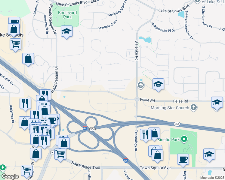 map of restaurants, bars, coffee shops, grocery stores, and more near 116 Ripple Creek Drive in Lake Saint Louis