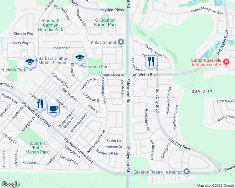 map of restaurants, bars, coffee shops, grocery stores, and more near 2157 Exminster Lane in Roseville