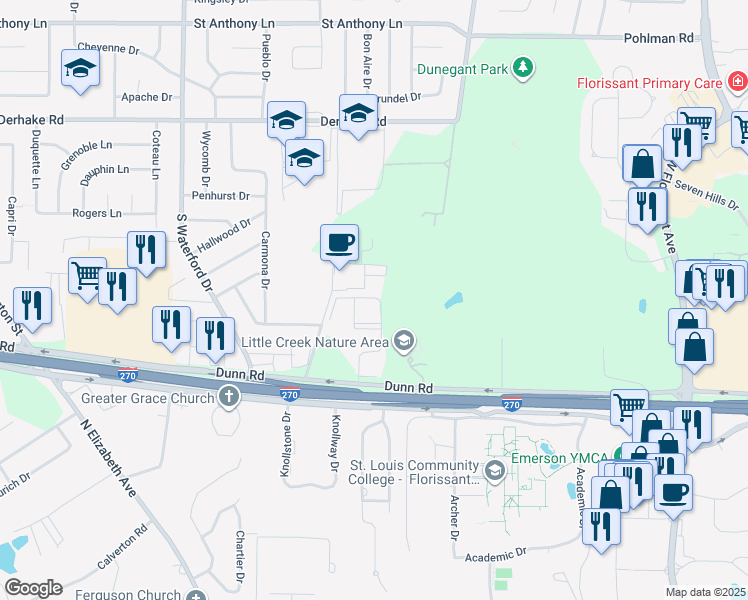 map of restaurants, bars, coffee shops, grocery stores, and more near 1600 Willow Wren Court in Florissant