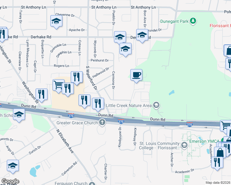 map of restaurants, bars, coffee shops, grocery stores, and more near 1335 Carmona Drive in Florissant