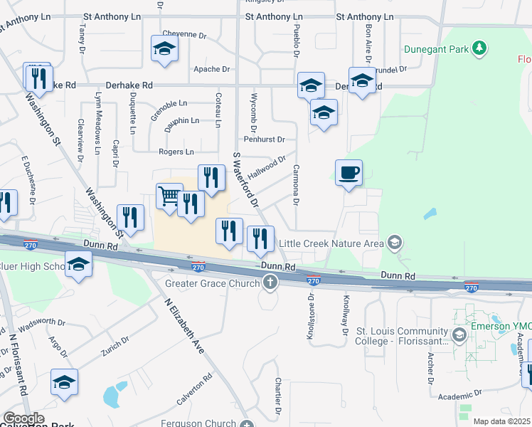 map of restaurants, bars, coffee shops, grocery stores, and more near 1040 Hadwin Drive in Florissant