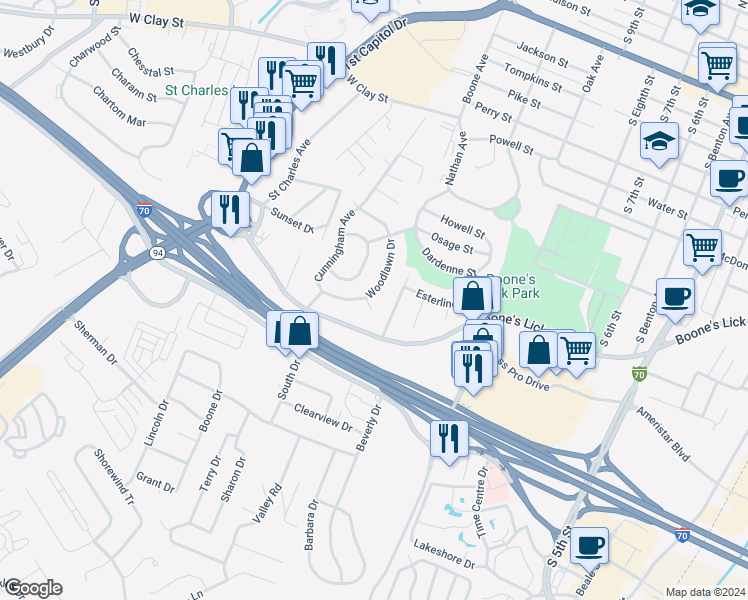 map of restaurants, bars, coffee shops, grocery stores, and more near 55 Woodlawn Drive in Saint Charles
