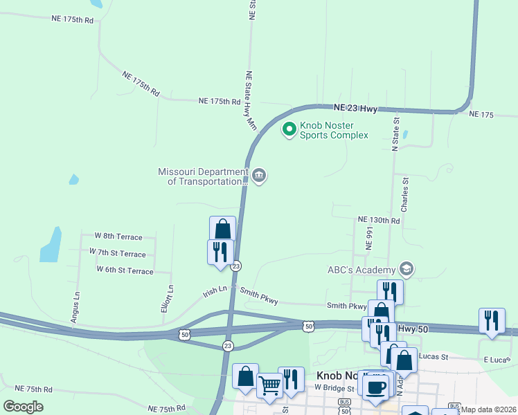 map of restaurants, bars, coffee shops, grocery stores, and more near 1100 Northeast State Highway Mm in Knob Noster