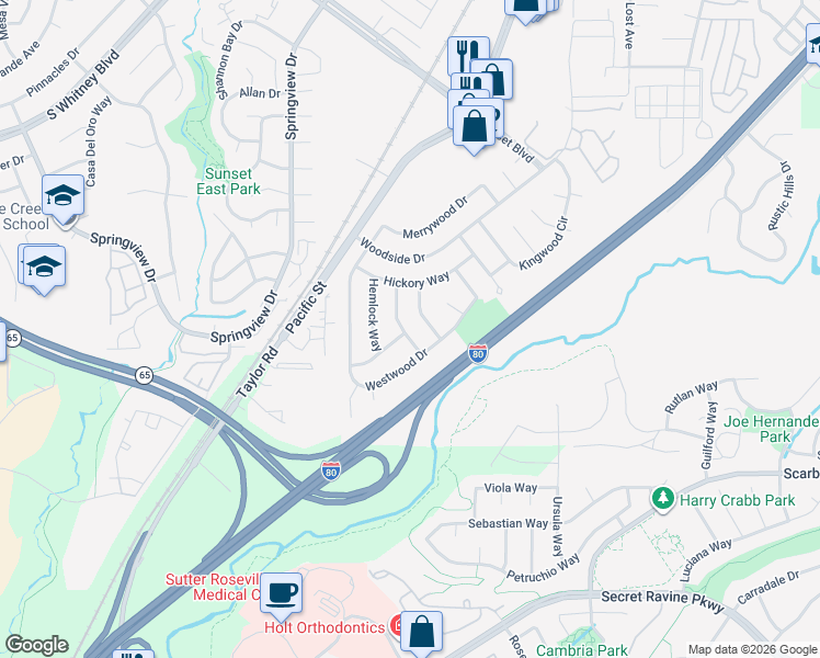 map of restaurants, bars, coffee shops, grocery stores, and more near 6335 Edgewood Way in Rocklin
