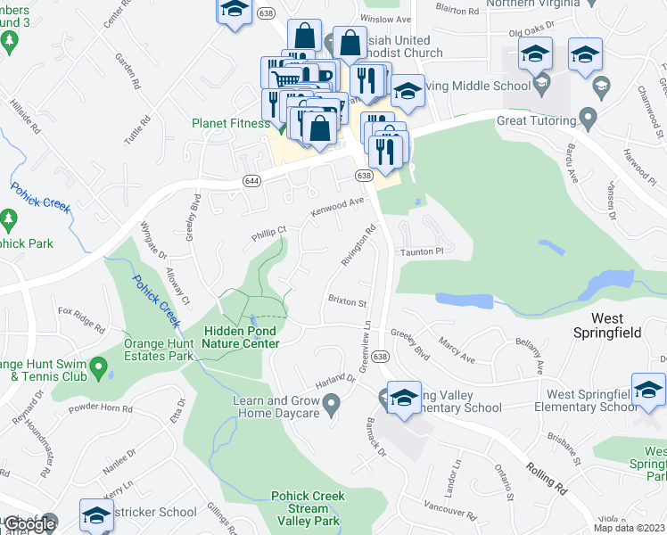 map of restaurants, bars, coffee shops, grocery stores, and more near 6500 Rivington Road in Springfield