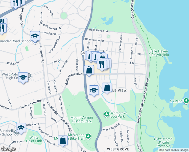 map of restaurants, bars, coffee shops, grocery stores, and more near 1701 Belle View Boulevard in Alexandria