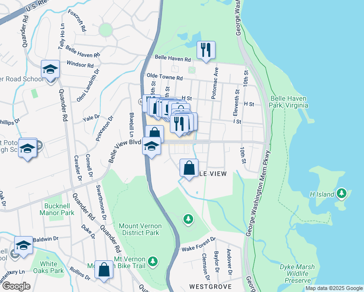 map of restaurants, bars, coffee shops, grocery stores, and more near 1513 Belle View Boulevard in Alexandria