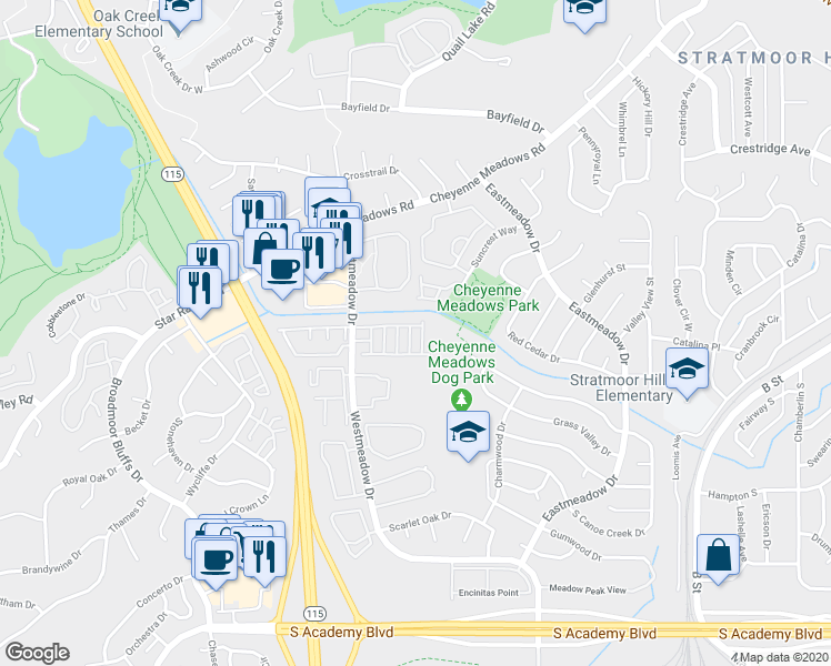 map of restaurants, bars, coffee shops, grocery stores, and more near 3907 Christy Heights in Colorado Springs