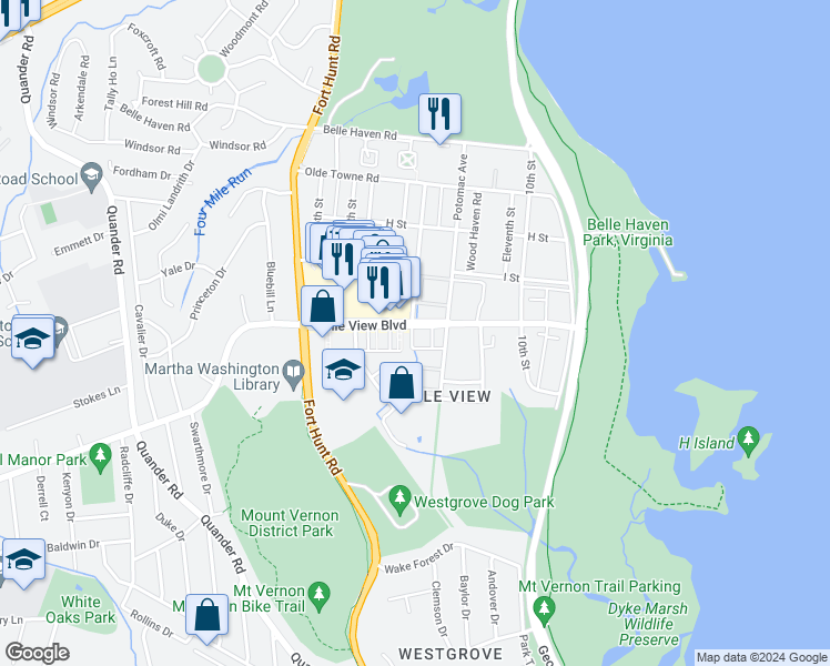 map of restaurants, bars, coffee shops, grocery stores, and more near 1409 Belle View Boulevard in Alexandria