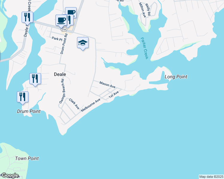 map of restaurants, bars, coffee shops, grocery stores, and more near 6004 Melbourne Avenue in Deale