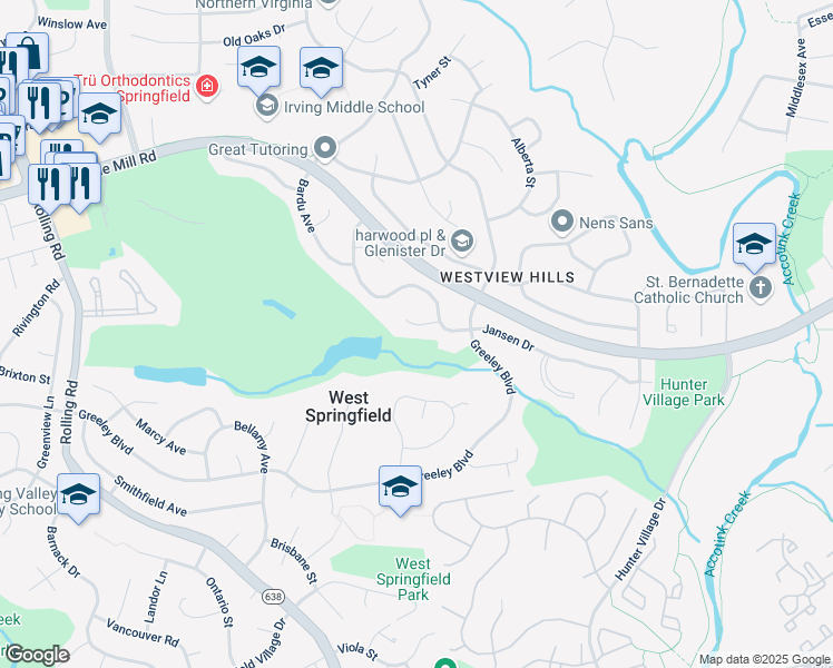 map of restaurants, bars, coffee shops, grocery stores, and more near 7905 Jansen Court in West Springfield