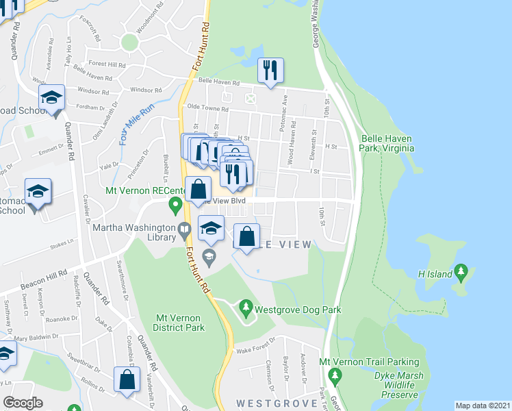 map of restaurants, bars, coffee shops, grocery stores, and more near 1409 Belle View Boulevard in Alexandria