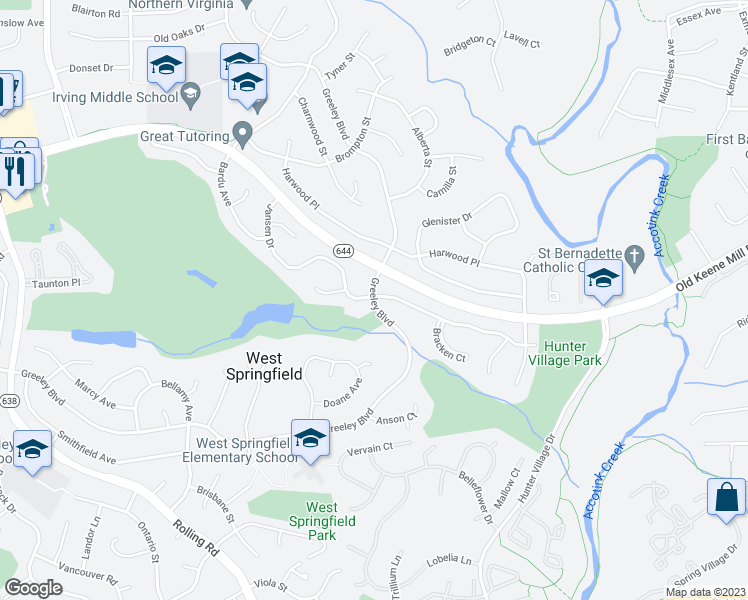 map of restaurants, bars, coffee shops, grocery stores, and more near 7807 Greeley Boulevard in West Springfield