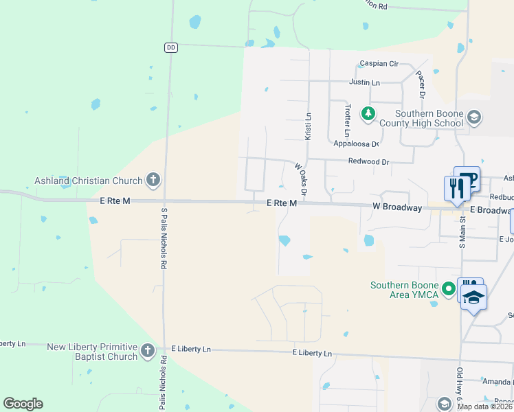 map of restaurants, bars, coffee shops, grocery stores, and more near 5628-5686 East Route M in Ashland