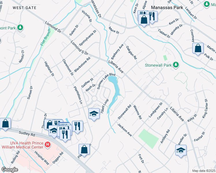 map of restaurants, bars, coffee shops, grocery stores, and more near 8311 Tillett Loop in Manassas